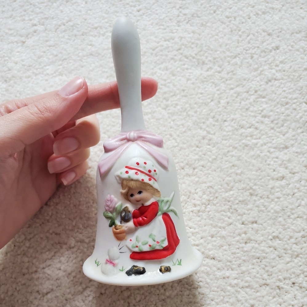 Vintage Jasco Bisque Porcelain Bell with Girl Watering Flower and Pink Bow